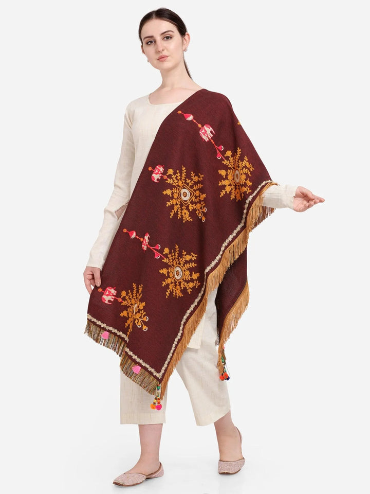 Wine Flower Bunch Embroidered Festive Dupatta - VJV Now