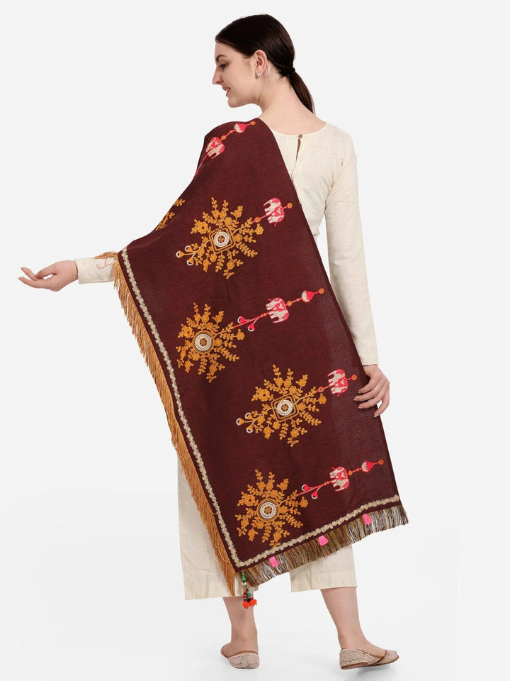 Wine Flower Bunch Embroidered Festive Dupatta - VJV Now