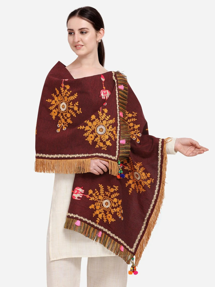 Wine Flower Bunch Embroidered Festive Dupatta - VJV Now