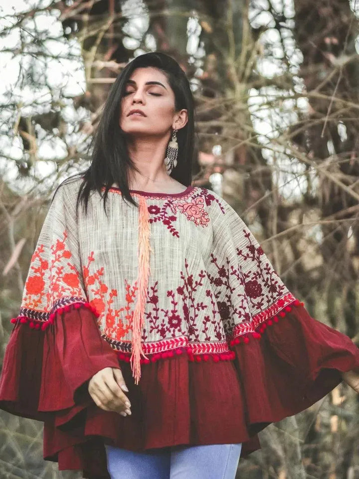 Wine Frill Floral Circular Khadi Poncho - VJV Now