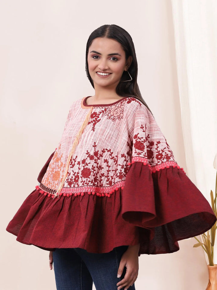 Wine Frill Floral Circular Khadi Poncho - VJV Now