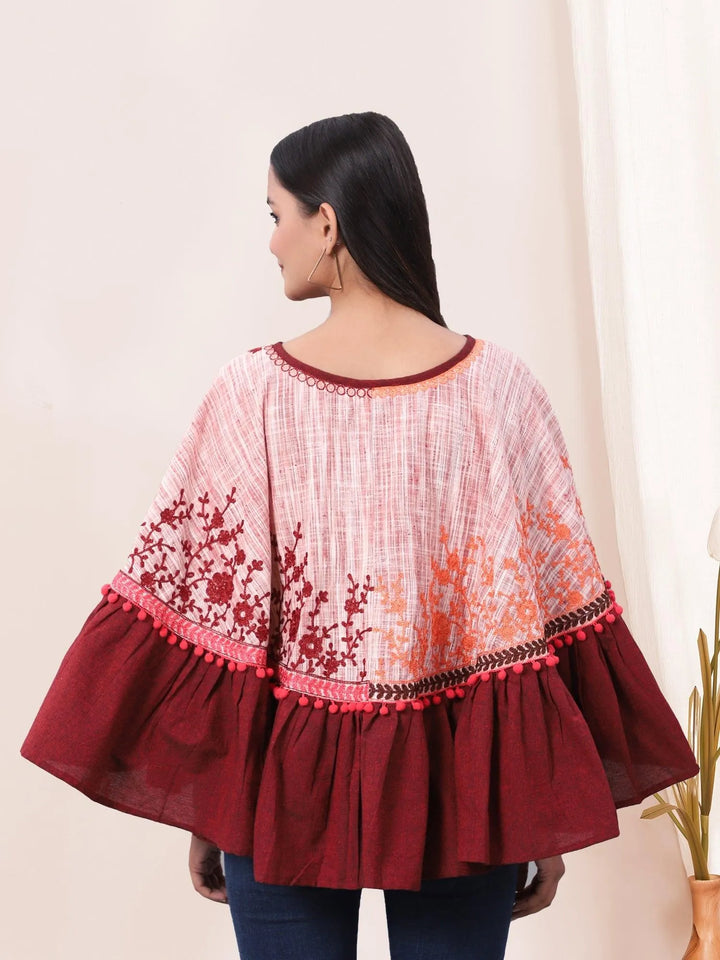 Wine Frill Floral Circular Khadi Poncho - VJV Now