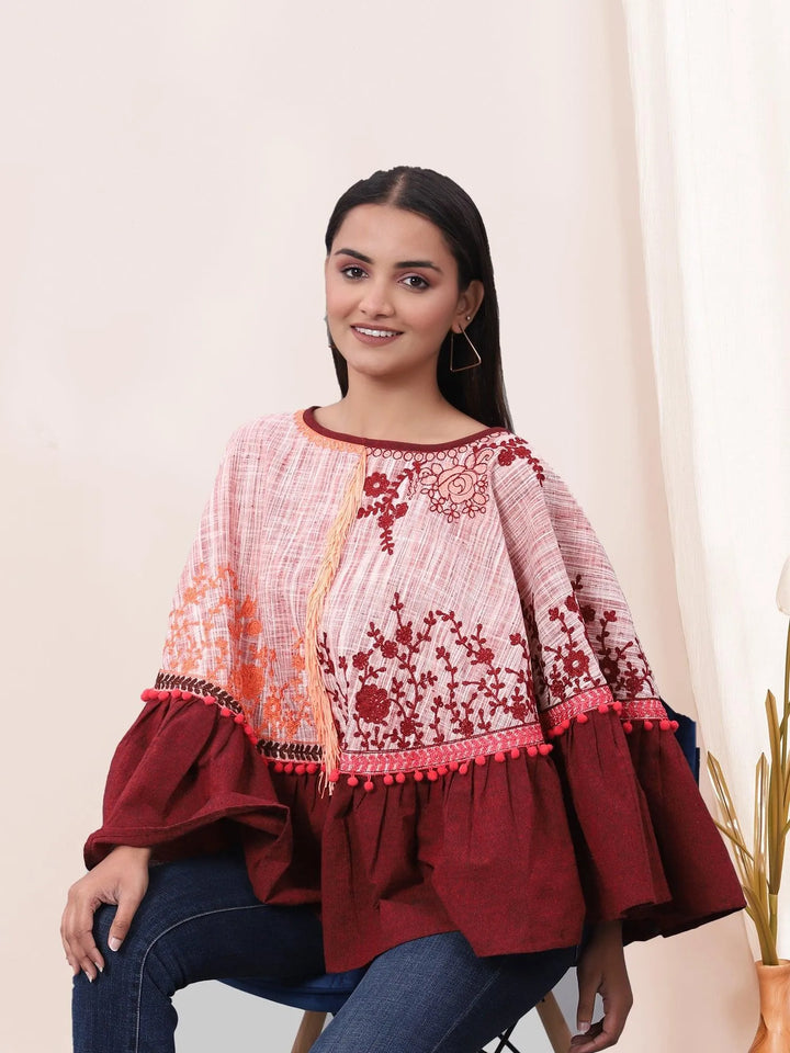 Wine Frill Floral Circular Khadi Poncho - VJV Now