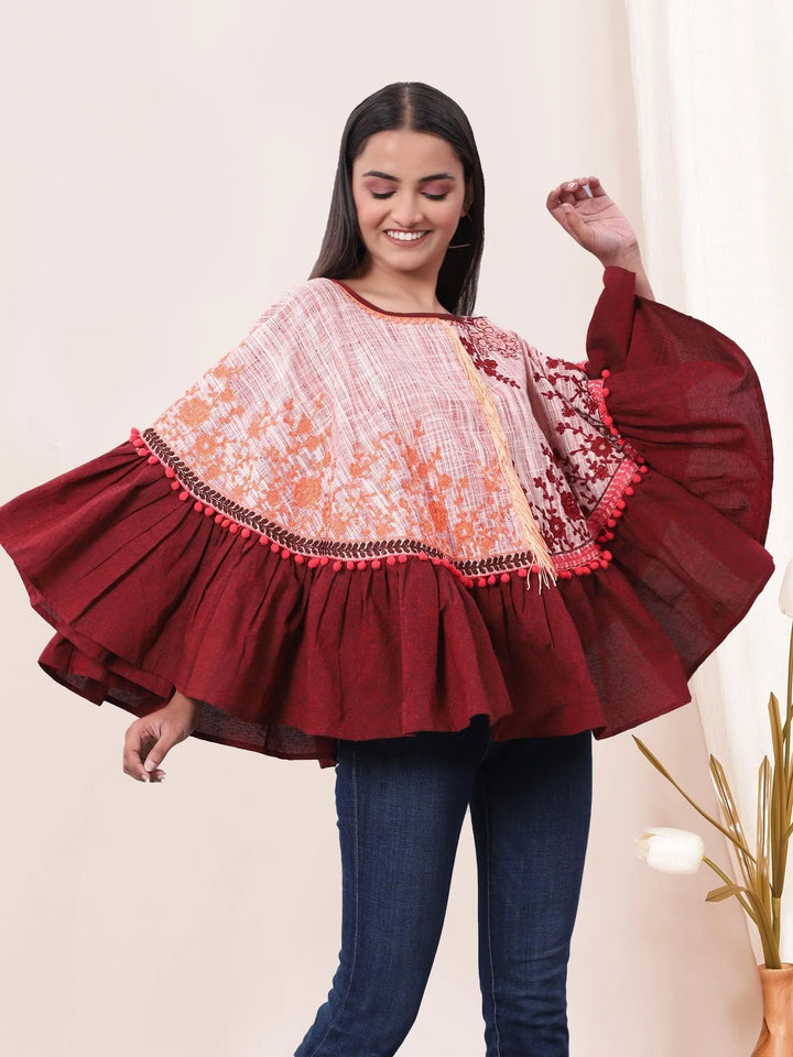 Wine Frill Floral Circular Khadi Poncho - VJV Now