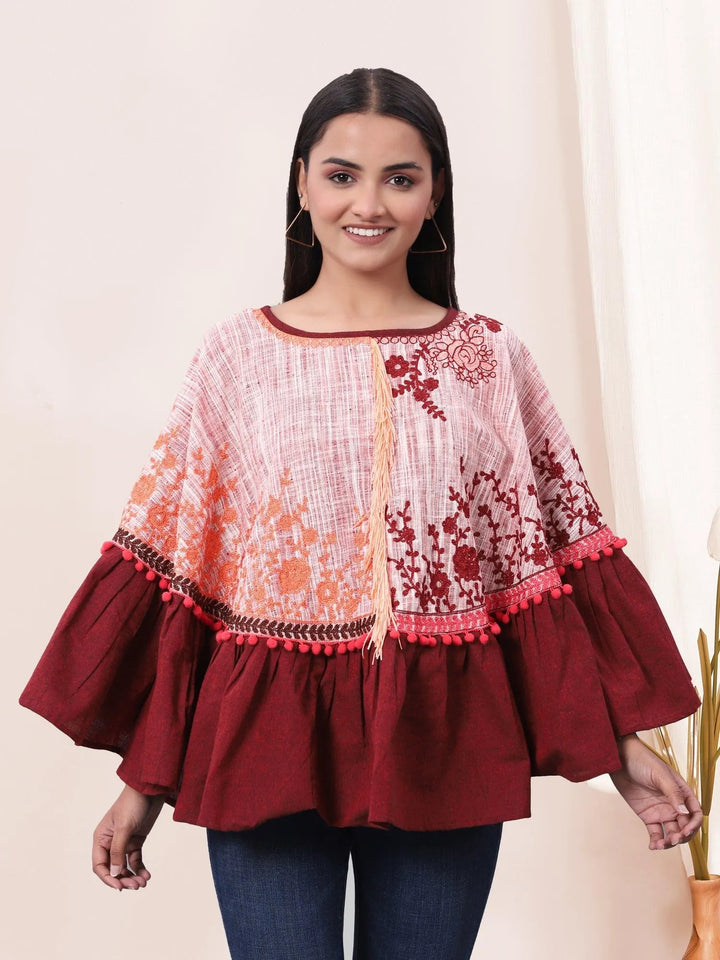 Wine Frill Floral Circular Khadi Poncho - VJV Now