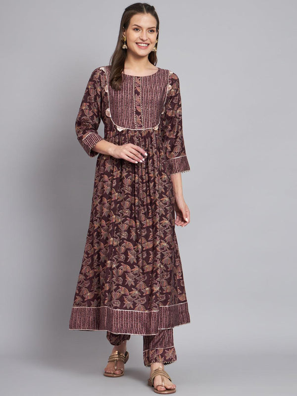 Wine printed front pleated kurta with trouser - VJV Now
