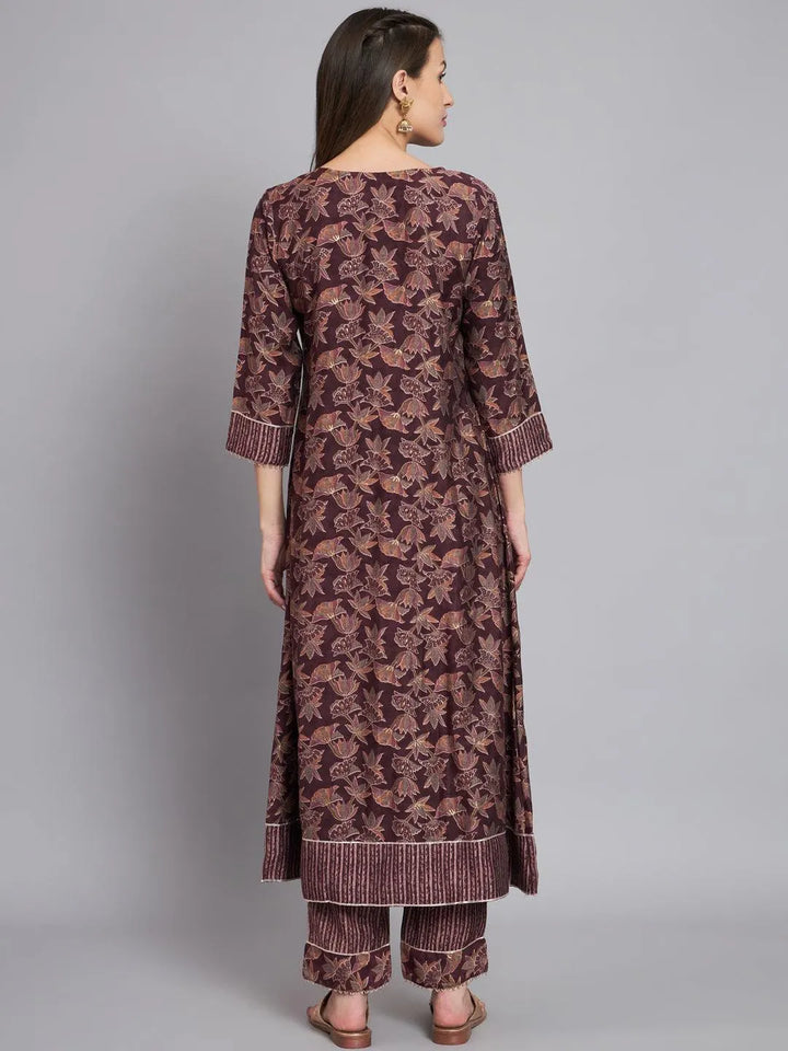 Wine printed front pleated kurta with trouser - VJV Now