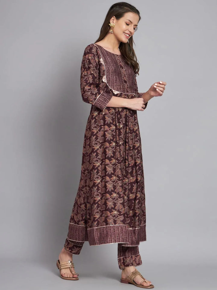 Wine printed front pleated kurta with trouser - VJV Now