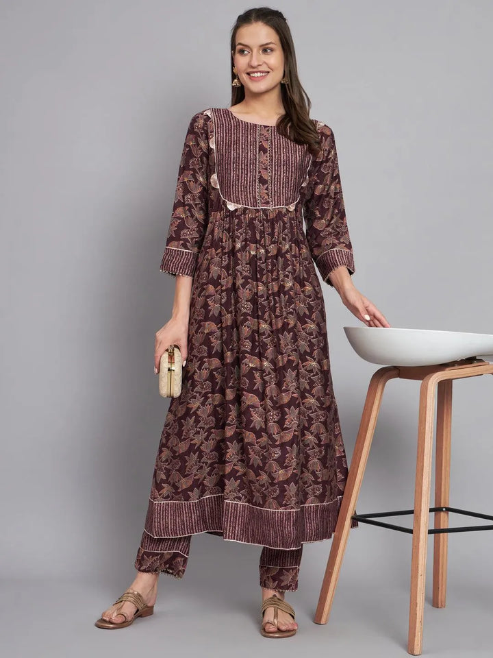 Wine printed front pleated kurta with trouser - VJV Now