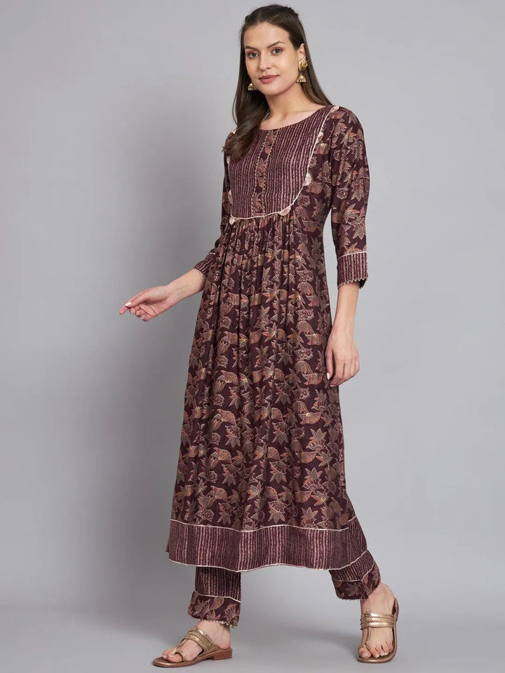 Wine printed front pleated kurta with trouser - VJV Now