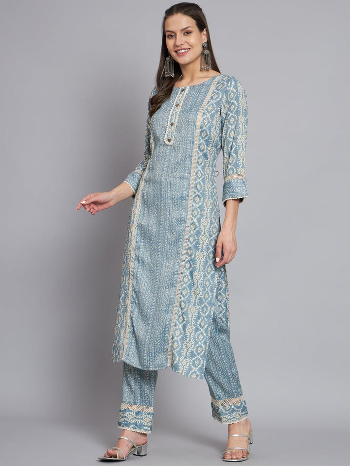 Women blue printed kurta with trouser - VJV Now
