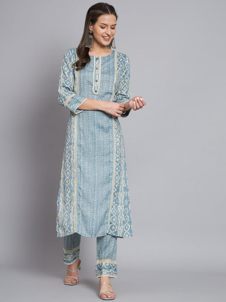 Women blue printed kurta with trouser - VJV Now