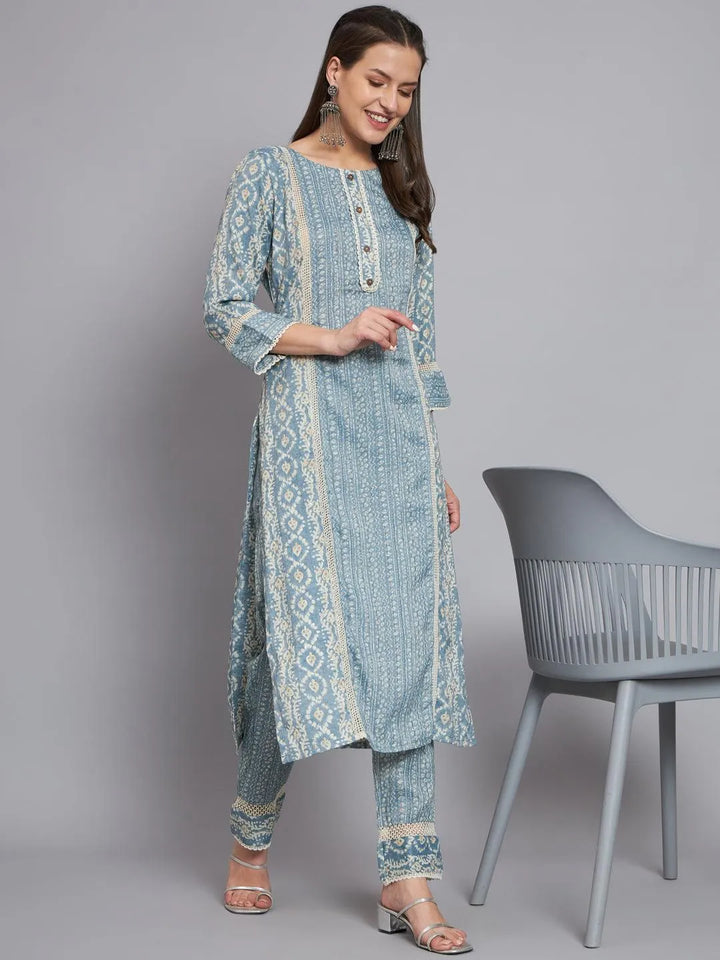 Women blue printed kurta with trouser - VJV Now