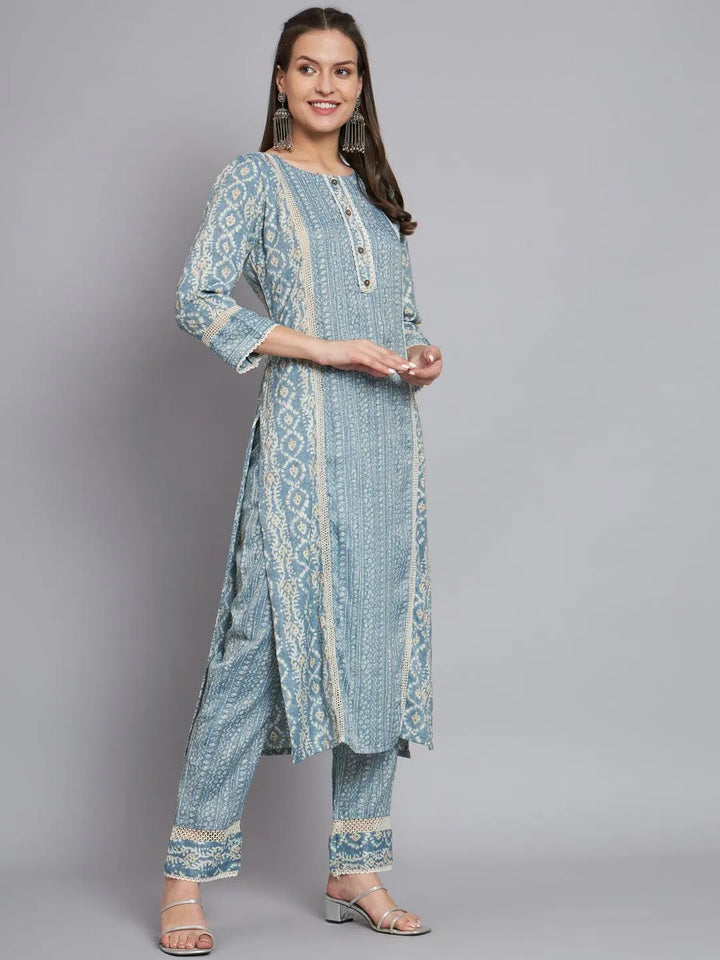 Women blue printed kurta with trouser - VJV Now