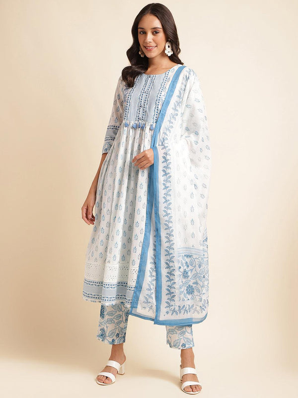 Women Ethnic Printed Regular sequined Cotton Kurta with Trousers & Dupatta - VJV Now