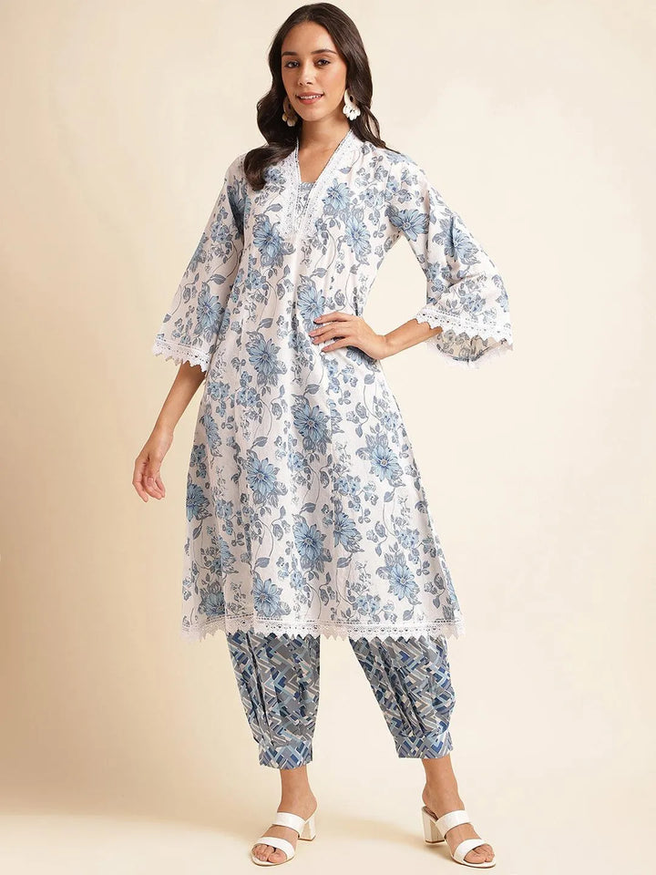 Women floral printed thread work pure cotton kurta with pant - VJV Now