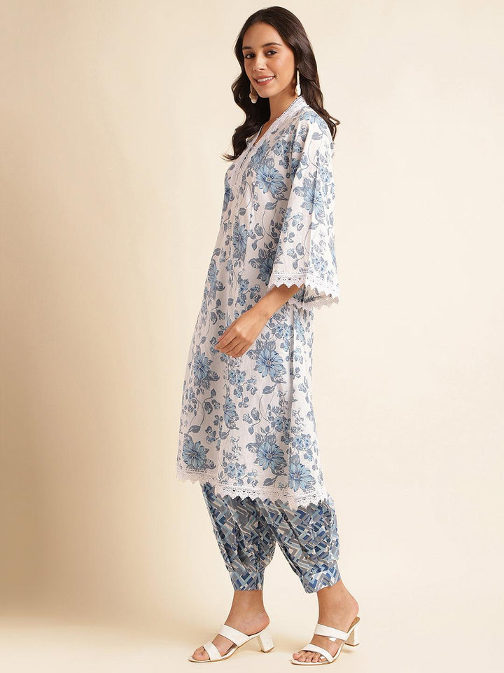 Women floral printed thread work pure cotton kurta with pant - VJV Now