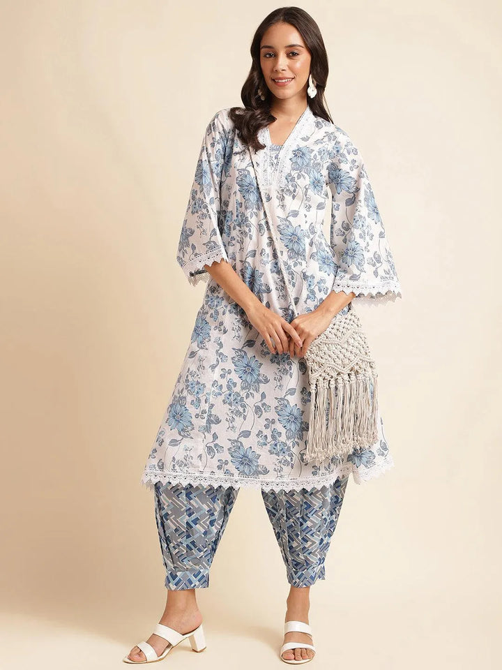 Women floral printed thread work pure cotton kurta with pant - VJV Now