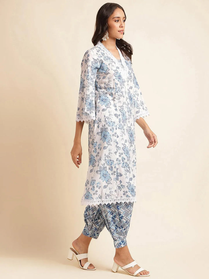 Women floral printed thread work pure cotton kurta with pant - VJV Now