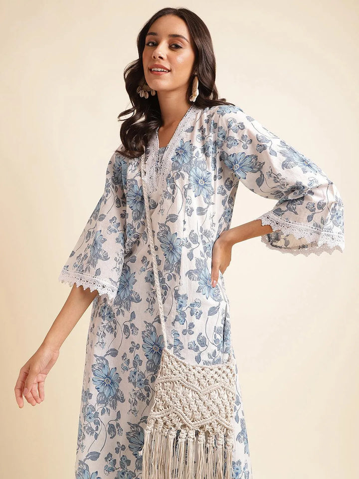 Women floral printed thread work pure cotton kurta with pant - VJV Now