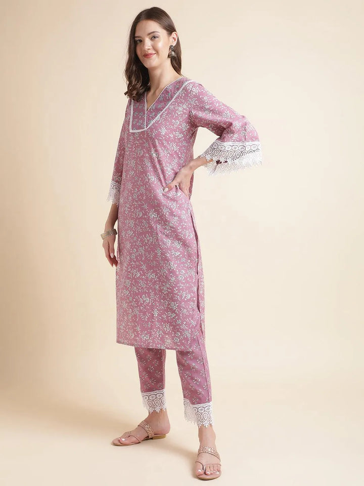 women purple printed kurta with pant and cotton printed dupatta - VJV Now