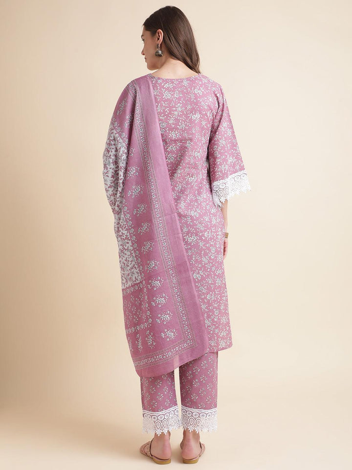 women purple printed kurta with pant and cotton printed dupatta - VJV Now