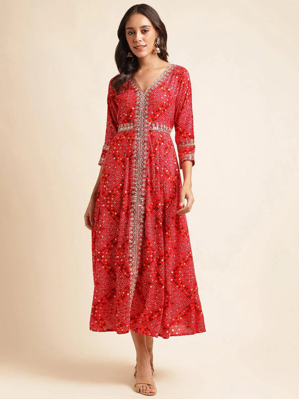 women red bandhani printed kurta - VJV Now