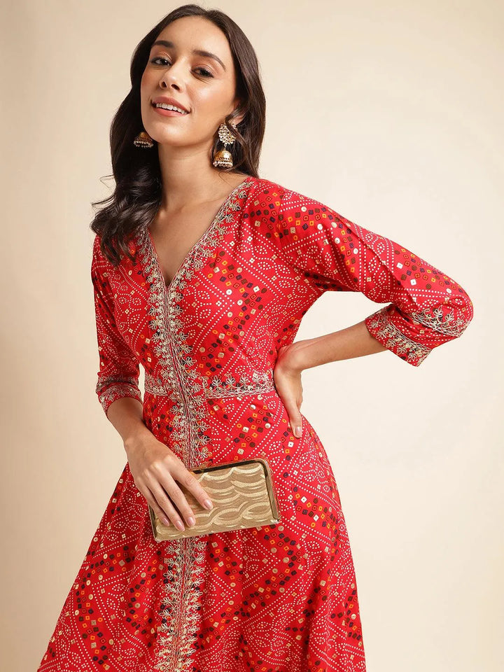 women red bandhani printed kurta - VJV Now