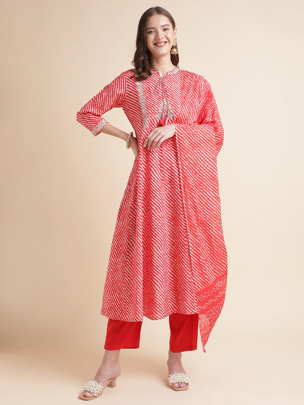 Women Red Lehariya Print Embroidery Kurta With Trousers And Dupatta Set - VJV Now