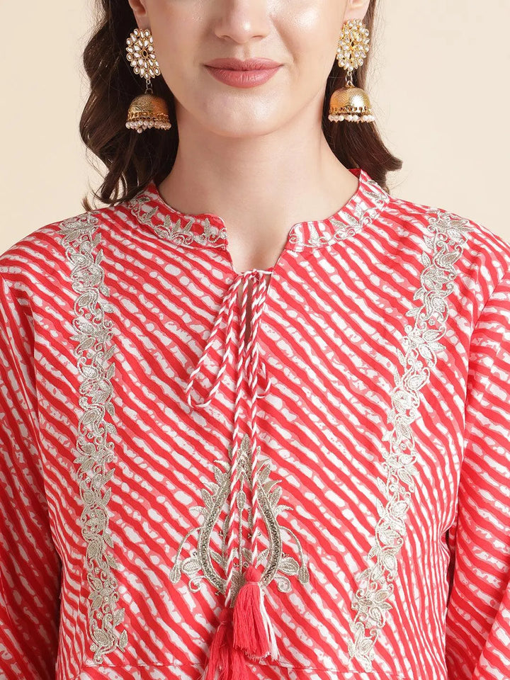 Women Red Lehariya Print Embroidery Kurta With Trousers And Dupatta Set - VJV Now