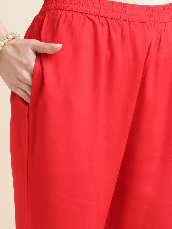 Women Red Lehariya Print Embroidery Kurta With Trousers And Dupatta Set - VJV Now