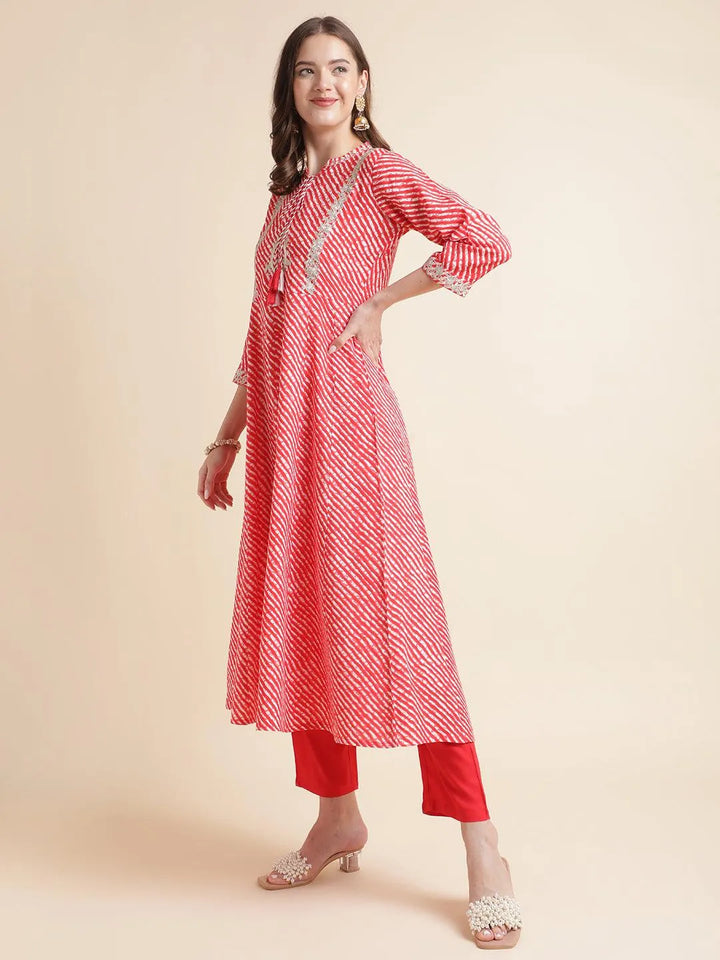 Women Red Lehariya Print Embroidery Kurta With Trousers And Dupatta Set - VJV Now