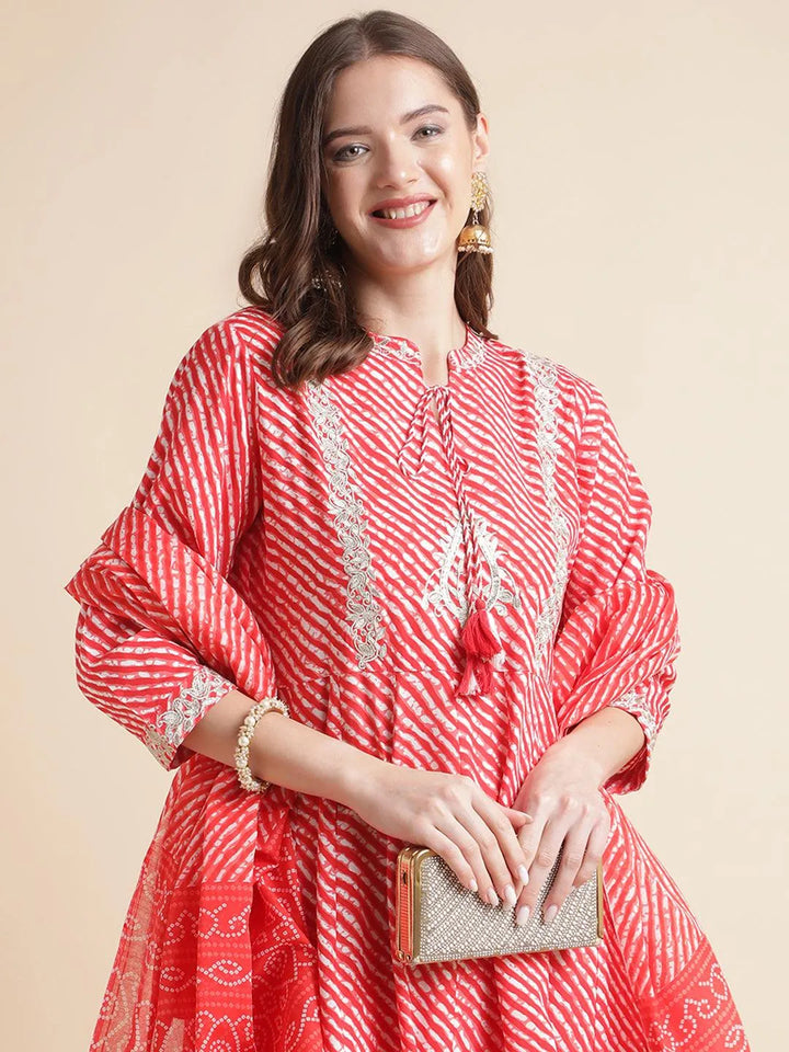 Women Red Lehariya Print Embroidery Kurta With Trousers And Dupatta Set - VJV Now