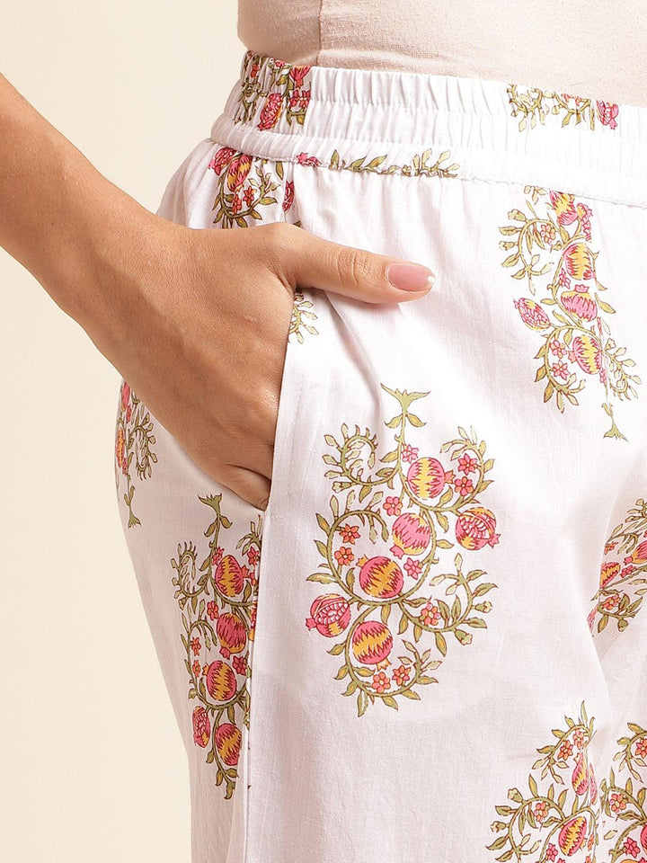 Women's white & multi Cotton Floral Print Kurta With Pant And Dupatta - VJV Now