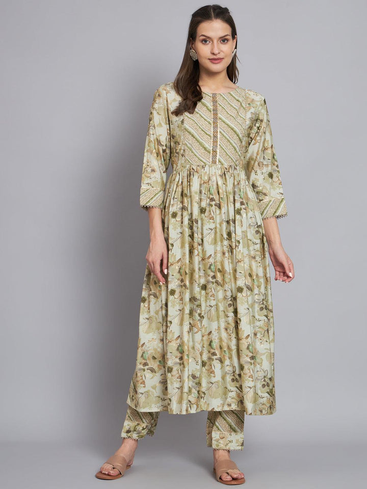 Womens printed front pleated kurta with trouser - VJV Now