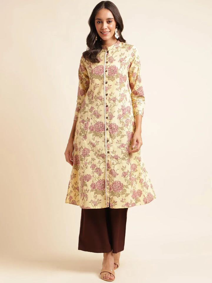 Yellow beautiful Flower Foil Printed Kurti - VJV Now