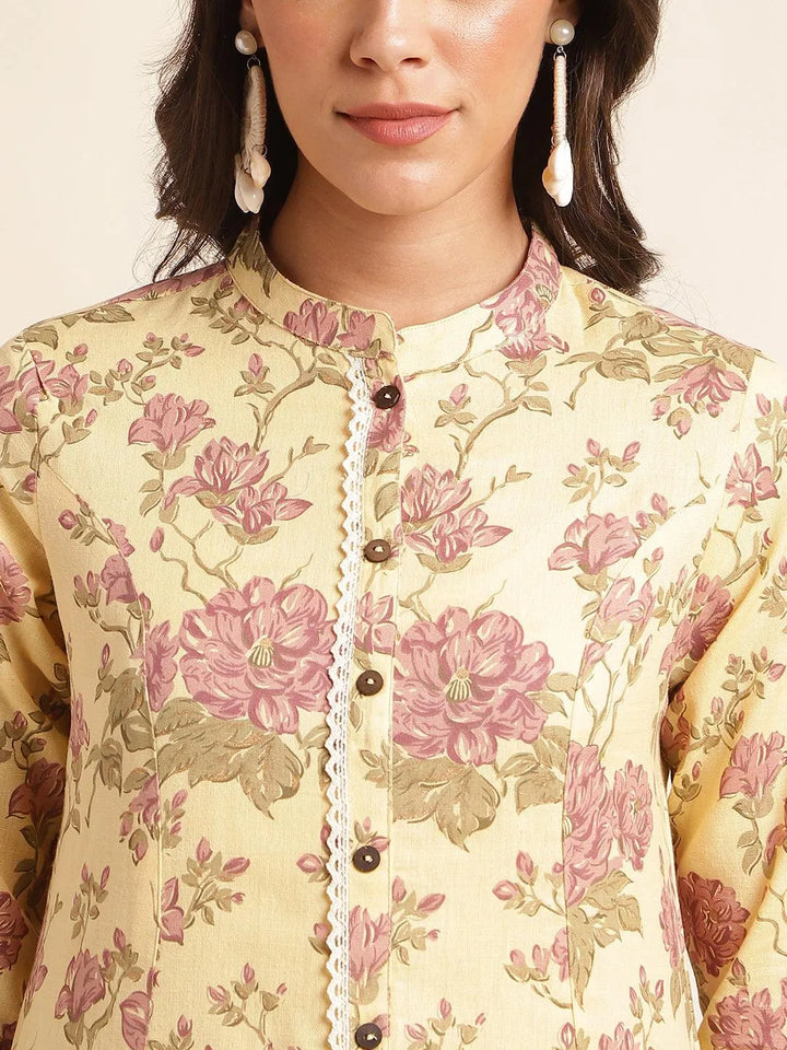 Yellow beautiful Flower Foil Printed Kurti - VJV Now