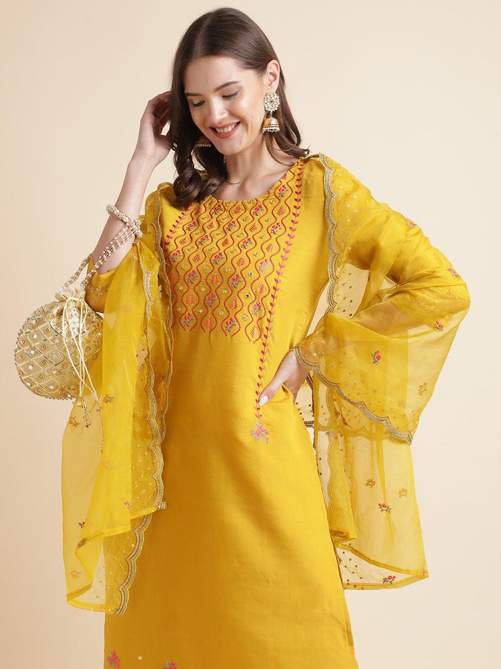 Yellow Yoke Embroidered Kurti With Bottom And fancy Dupatta - VJV Now